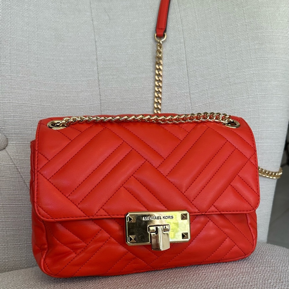 Michael Kors Red Quilted Shoulder Bag with Gold Chain